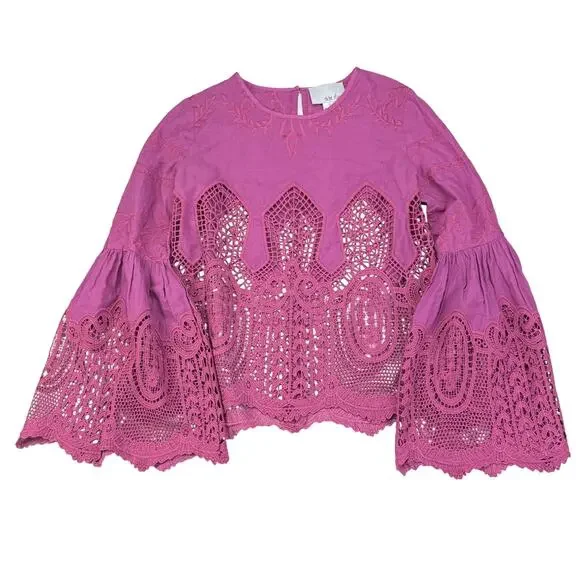 CHLOE OLIVER Anthropologie Lace Embroidered Bell Sleeve Blouse Size Small - Picture 6 of 9